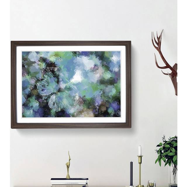 Butterfly upon a Flower in Blue in Abstract - Picture Frame Painting Print - Walnut Framed (62cm H x 87cm W x 2cm D)