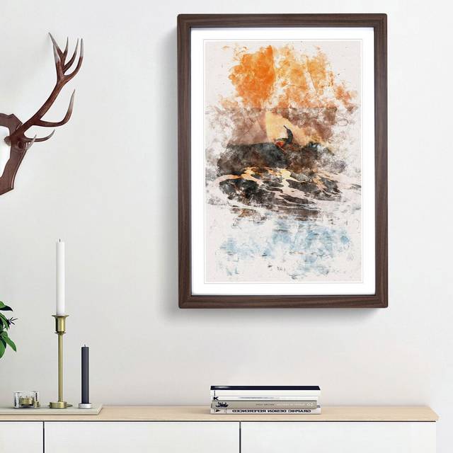 Surfing as the Sun Sets - Picture Frame Painting Print - Walnut Framed (45cm H x 33cm W x 2cm D)