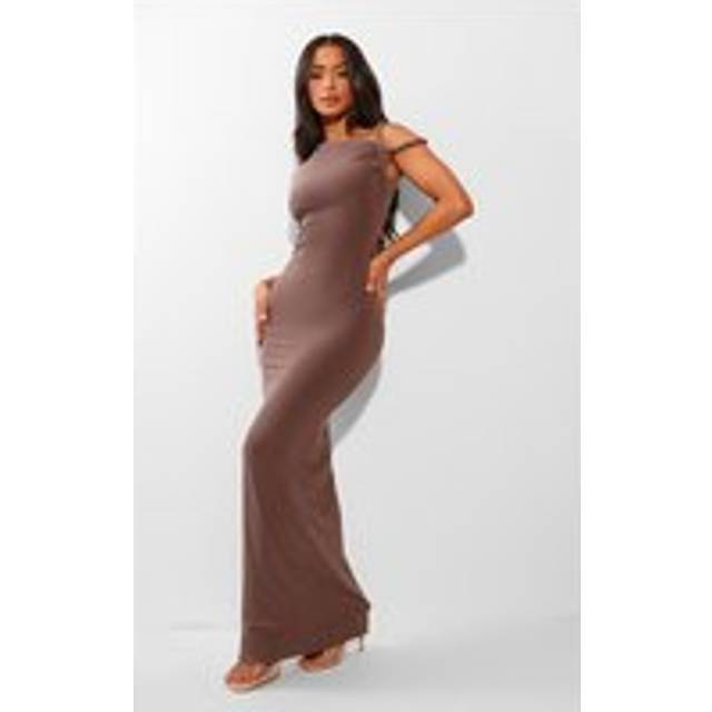 Petite Taupe Slinky Twist Shoulder Maxi Dress, Brown