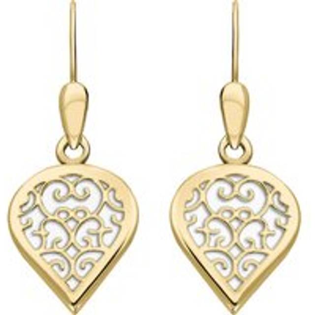 9ct Yellow Gold Bauxite Flore Filigree Heart Drop Earrings