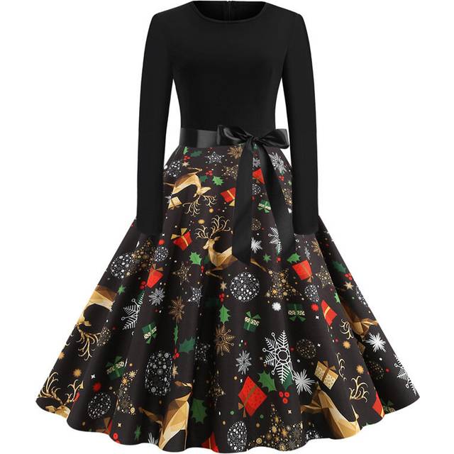 (L, black2) Woman Fall Winter Tunic Dress Christmas Print Flare Dress for Women Long Sleeve Dress Swing Prom Dress Party Casual Dresses