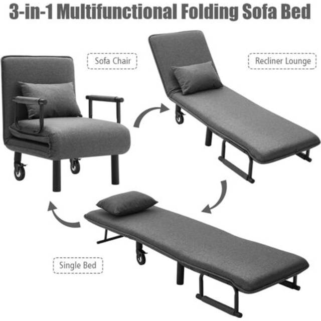 3-in-1 folding single sofa bed chair modern fabric lounge sleeper chair w/pillow