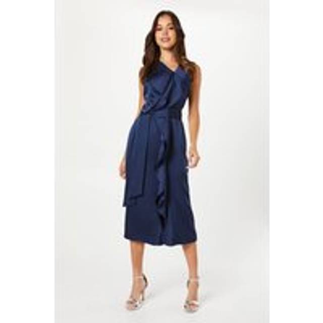 Waterfall Front Belted Satin Midi Dress - Navy - 10
