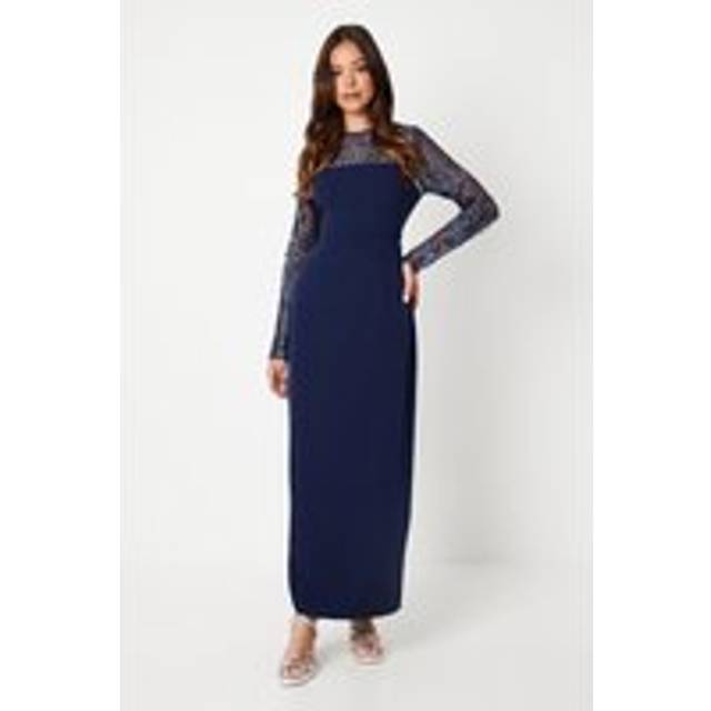 Embellished Long Sleeve Column Maxi Dress - Navy - 10