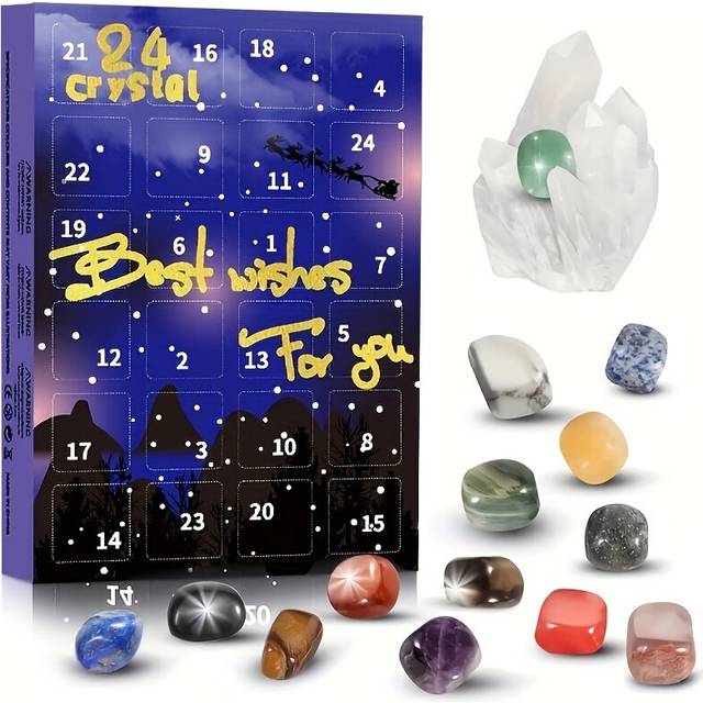 (Blue) 1Set Christmas Gemstone Advent Calendar, 24 Natural Crystal Gemstones Stone