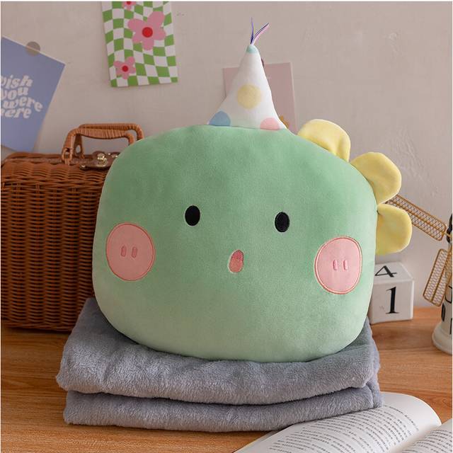 (Green) Bear Dinosaur Pig Plush Toy Pillow Cushion And A Blanket Children Birthday Gift