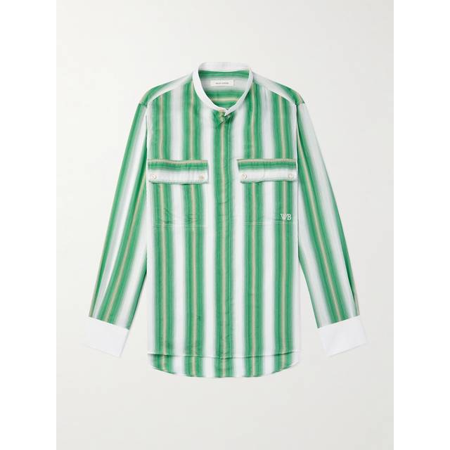 Wales Bonner - Cadence Grandad-Collar Poplin-Trimmed Striped Woven Shirt - Men - Green - IT 48