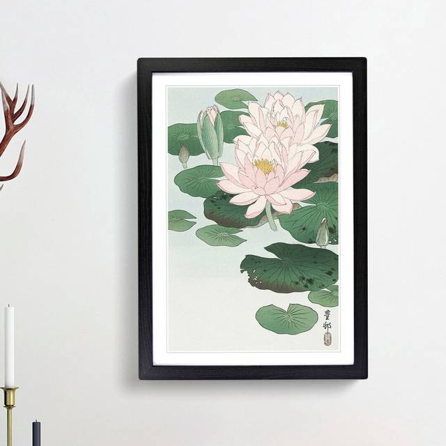 Pink Water Lilies by Ohara Koson - Picture Frame Painting Print - Black Framed (36cm H x 27cm W x 2cm D)