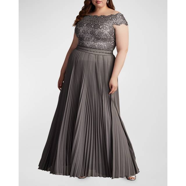 Plus Size Off-Shoulder Pleated Sequin Lace Gown - MIST - 18W