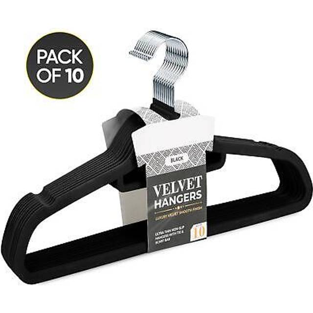 (Black, 10) New Non Slip Flocked Velvet Hanger Clothes Coat Hanging Hangers With Trouser Bar