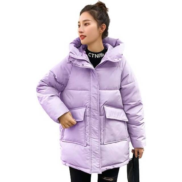 (L, purple) Women Girls Winter Warm Down Coat Oversized Solid Puffy Hooded Parkas Long Sleeve Thick Quilted Jacket with Pocket