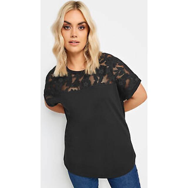 Yours Curve Black Floral Mesh Tshirt, Women's Curve & Plus Size, Yours - 14
