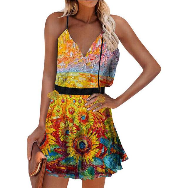 (7, 3XL UK SIZE 18) Womens BOHO Summer Beach Mini Dress Ladies Holiday Strappy Sexy Cami Sundress