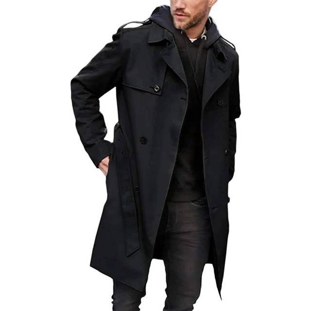 (s, Black) Men's Trench Coat Slim fit Double Breasted Belted Windbreaker Lapel Long Jacket Casual Windproof Overcoat