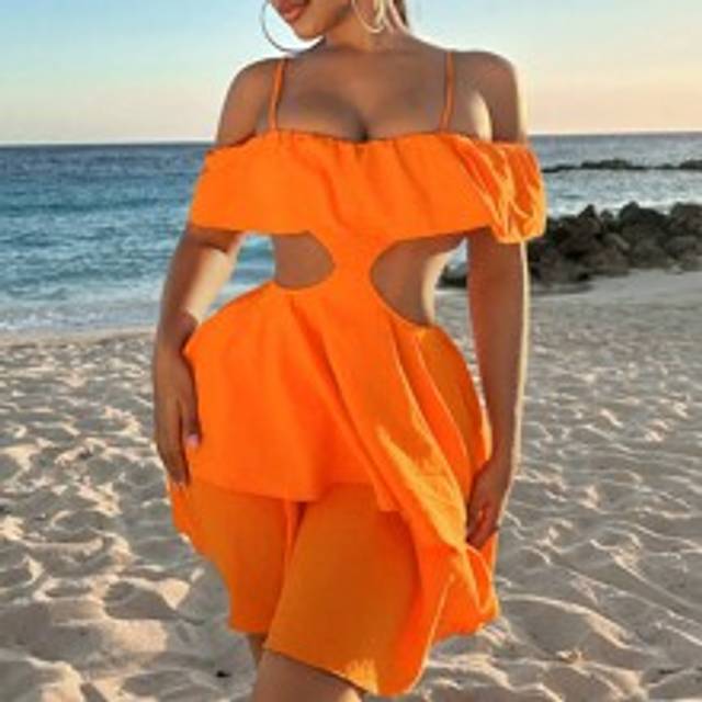 Summer Vacation Holiday Beach BOHO Off Shoulder Damer med volanger i lager Midiklänning med justerbara remmar och öppen rygg - Orange (L,M,S,XL,XS,XXL,XXS,XXXL,XXXXL)