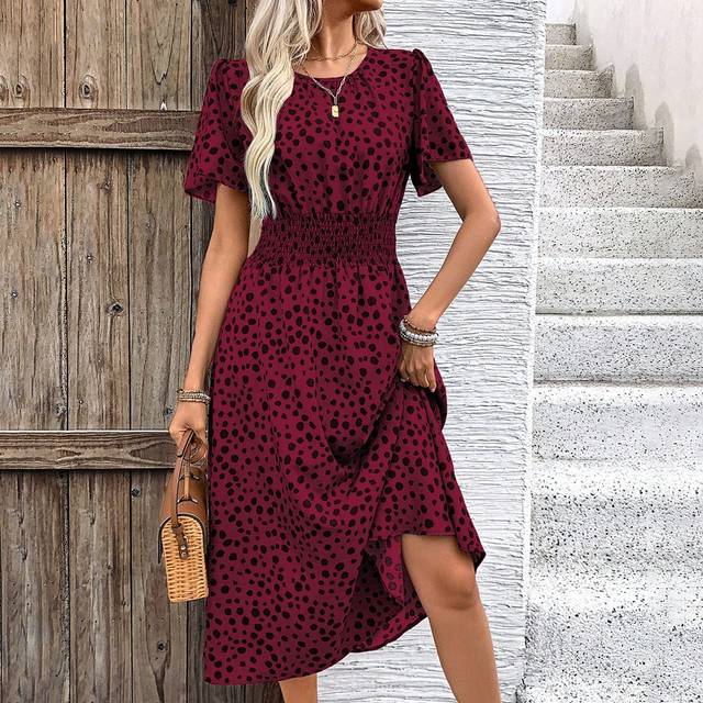 SHEIN Women Elegant Short Sleeve Round Neck Waist Tie Long Printed Dress For Summer Holiday For New Year Clothes Maxi Women Outfit