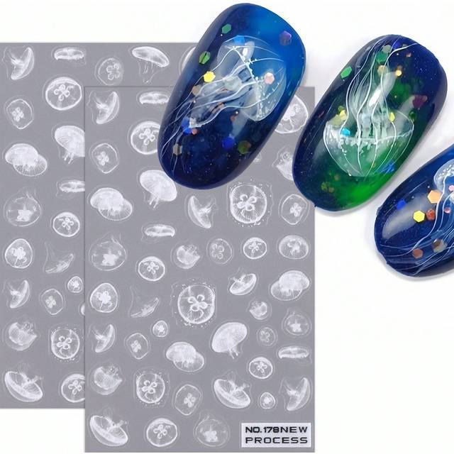 SHEIN 2pcs White Jellyfish Nail Stickers 3D Summer Marine Life Nail Art Decals Slider Decorations Manicure Accessories Tools, DIY Nail Salon Ornaments