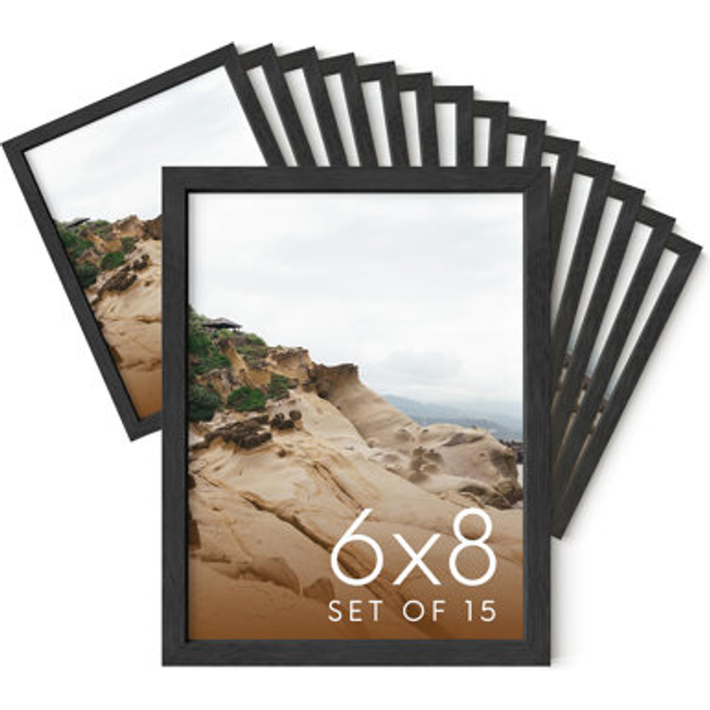 HAUS AND HUES 6x8 Black Oak Wooden Picture Frame - Set of 15 6x8 Poster Frame - Premium Oak  Vertical Hang  Shatterproof Plexiglass - Ideal for Home