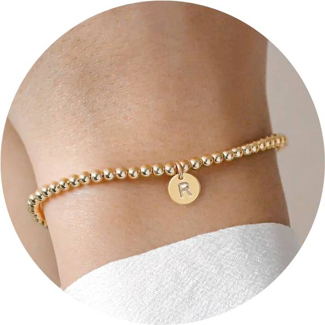 Turandoss Beaded Bracelet for Women - Dainty Gold Plated Initial R Charm Bracelet for Women Trendy  Gold Letter R Monogram Bracelet for Women Jewelry