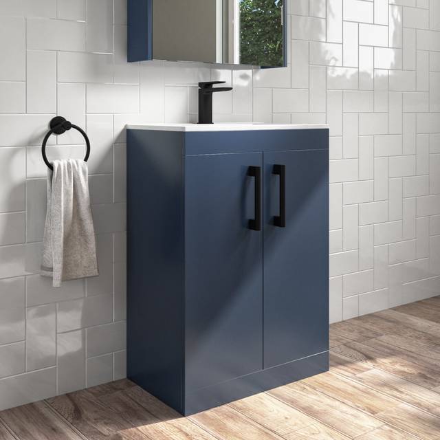 600mm Blue Freestanding Vanity Unit with Basin and Black Handle - Ashford