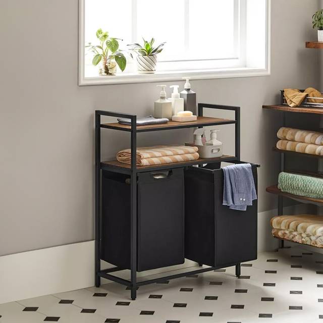 Laundry Basket Hamper With 2 Shelves - Black - Medium