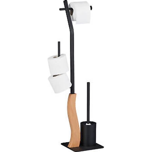 Wc Set, Standing Toilet Paper Holder, Brush with Holder, Bathroom Accessory, 87 x 20 x 20 cm, Black/Natural - Relaxdays