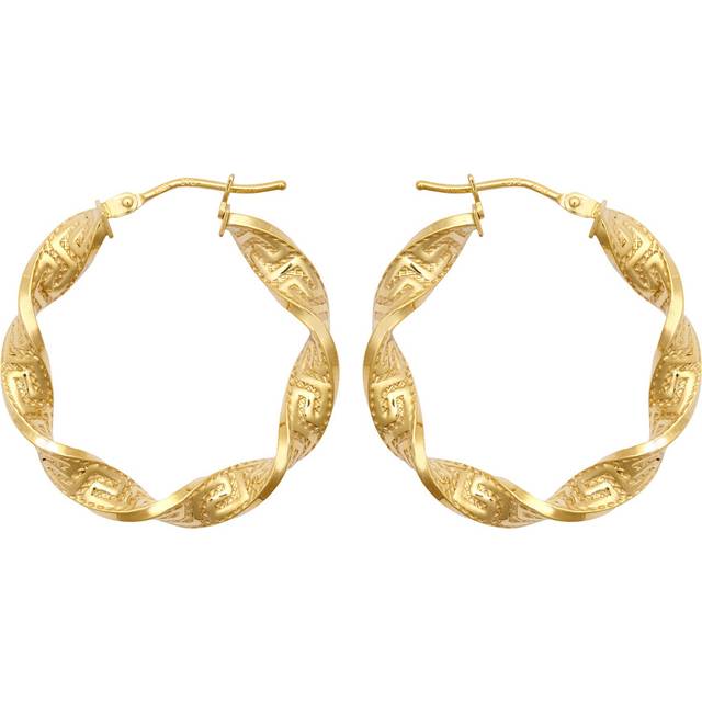 Jewelco London Ladies 9ct Yellow Gold Greek Key Ribbon Twist 4mm Hoop Earrings 27mm - JER787A