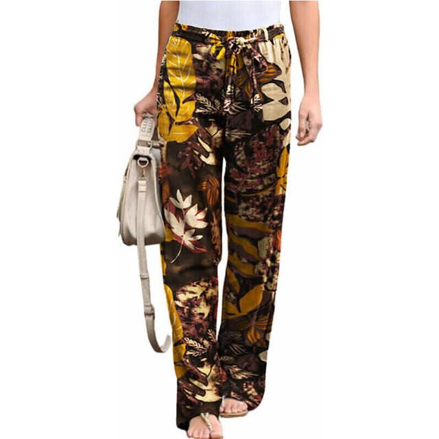 (Brown, Tag Size 5XL=UK Size 20) Women's Drawstring Cotton Linen Long Pants Ladies Floral Palazzo Casual Trousers