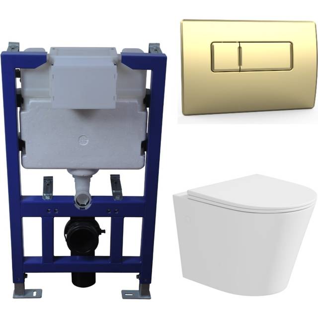 Matt White Wall Hung Rimless Toilet with Soft Close Seat Brass Pneumatic Flush Plate 820mm Frame & Cistern - Verona