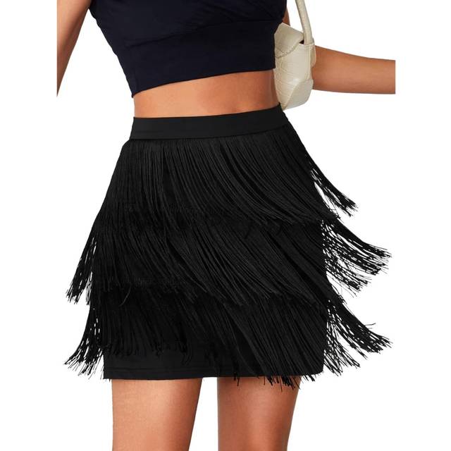 (l, Black) Women's Sexy Fringe Trim High Waist Tiered Bodycon Pencil Mini Short Skirt
