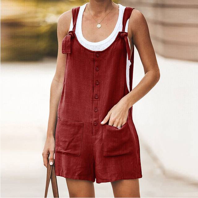 (Red, Tag Size XL=UK Size 16) Womens Linen Cotton Jumpsuit Dungarees Pocket Shorts Playsuit Overalls Rompers