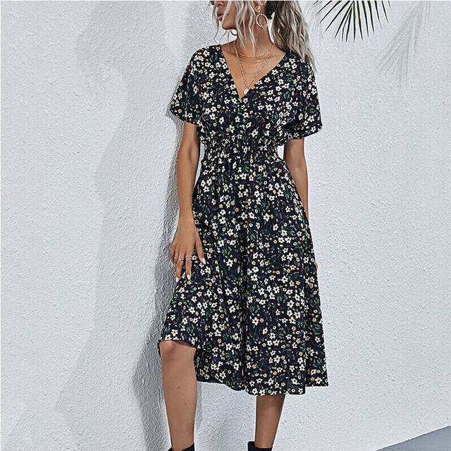 (Black, M) Ladies Long Dresses Short Sleeve Midi Dress Women Casual V Neck Party