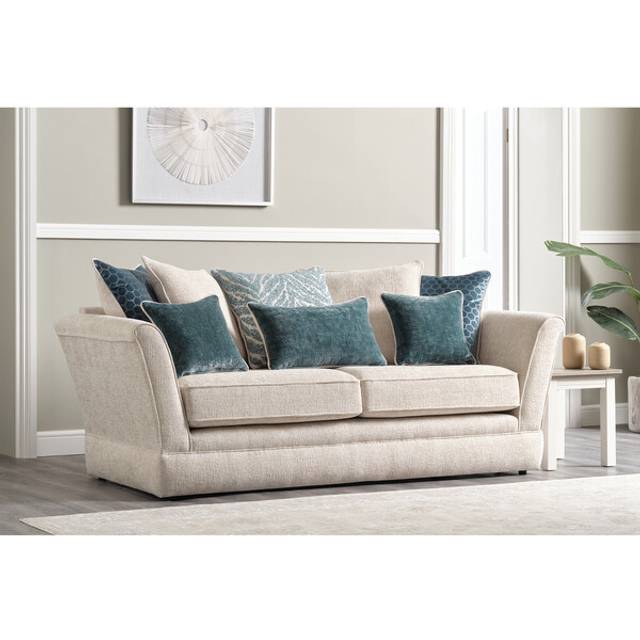 Natural with Teal Fabric Sofas - 3 Seater Pillow Back Sofa - Carrington Range - Oak Furnitureland