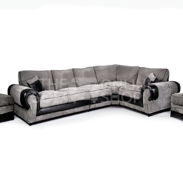Large Portland Fabric and Leather Long 5 Seater L Shaped Corner Sofa Roll Arm Fullback Left Hand Facing - Grey - One Size