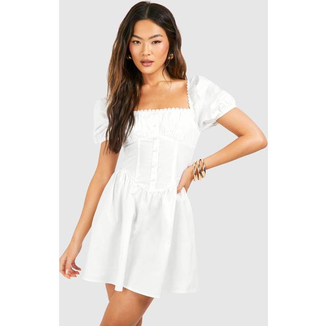 Womens Puff Sleeve Cotton Rouched Milkmaid Mini Dress - White - 16