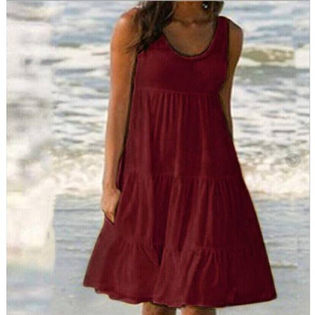 (Wine Red, XXL UK SIZE 18) Womens Summer Smock Dress Ladies Holiday Beach Casual Loose Frill Mini Sundress