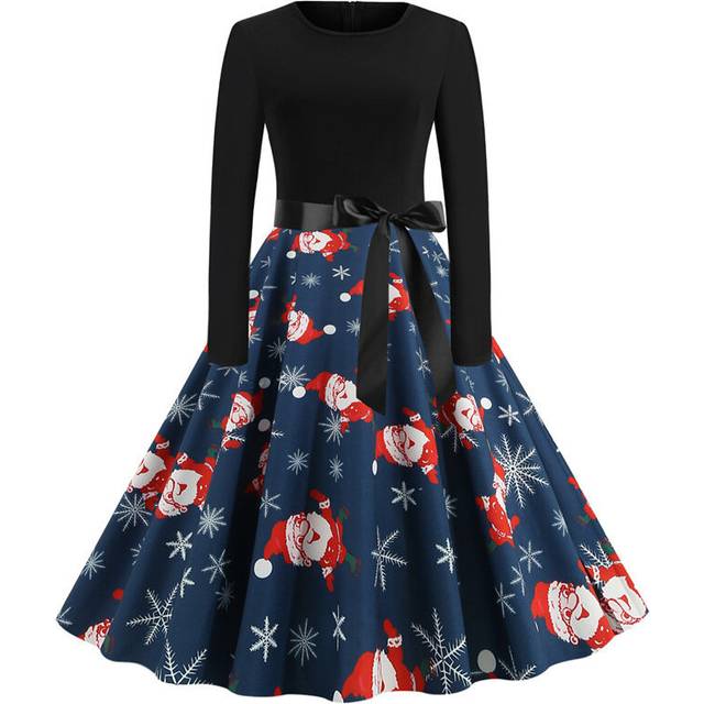 (XL, blue98) Woman Fall Winter Tunic Dress Christmas Print Flare Dress for Women Long Sleeve Dress Swing Prom Dress Party Casual Dresses