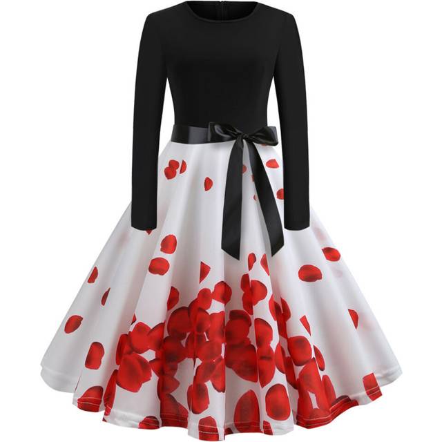 (XXL, red3) Winter Dress Women Retro Robe Swing Poster Elegant Party Dress Long Sleeve Casual Print