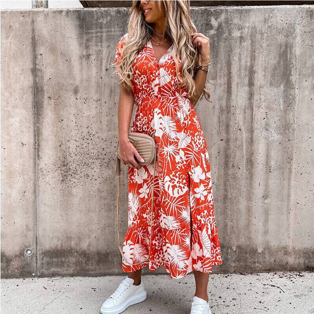 (Red, S=UK Size 8-10) Boho Womens V-Neck Floral Midi Dress Summer Short Sleeve Beach Party Sundress