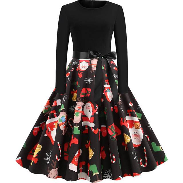 (S, black) Woman Fall Winter Tunic Dress Christmas Print Flare Dress for Women Long Sleeve Dress Swing Prom Dress Party Casual Dresses