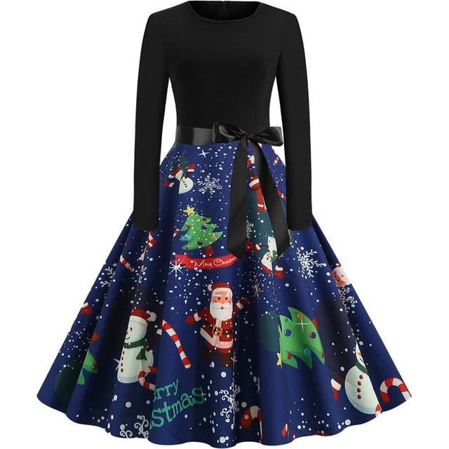 (S, blue8) Woman Fall Winter Tunic Dress Christmas Print Flare Dress for Women Long Sleeve Dress Swing Prom Dress Party Casual Dresses