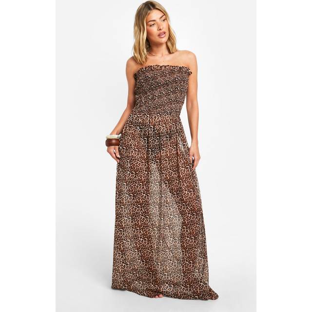 Womens Leopard Shirred Bandeau Beach Maxi Dress - Multi - S, Multi
