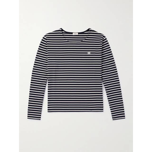 CELINE HOMME - Logo-Embroidered Striped Cotton-Jersey T-Shirt - Men - Blue - L