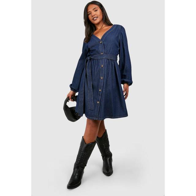 Womens Plus Denim Belted Skater Dress - Blue - 28, Blue