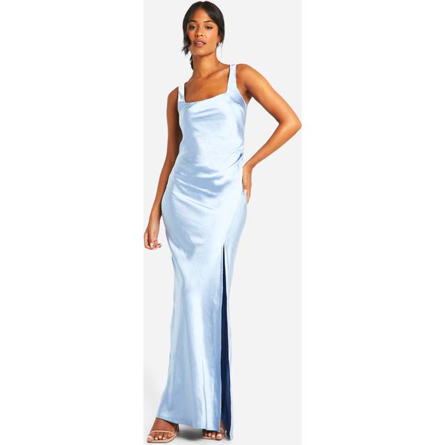 Womens Tall Bridesmaid Satin Square Neck Maxi Dress - Blue - 16