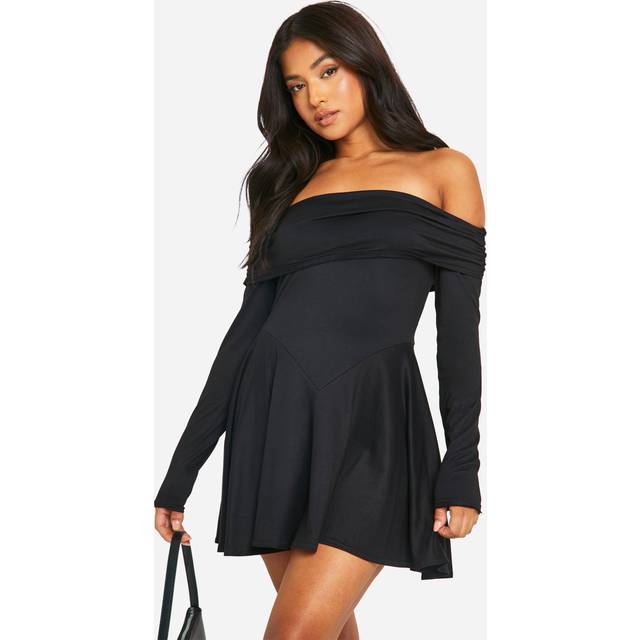 Womens Petite Bardot Long Sleeve V Waist Skater Dress - Black - 14