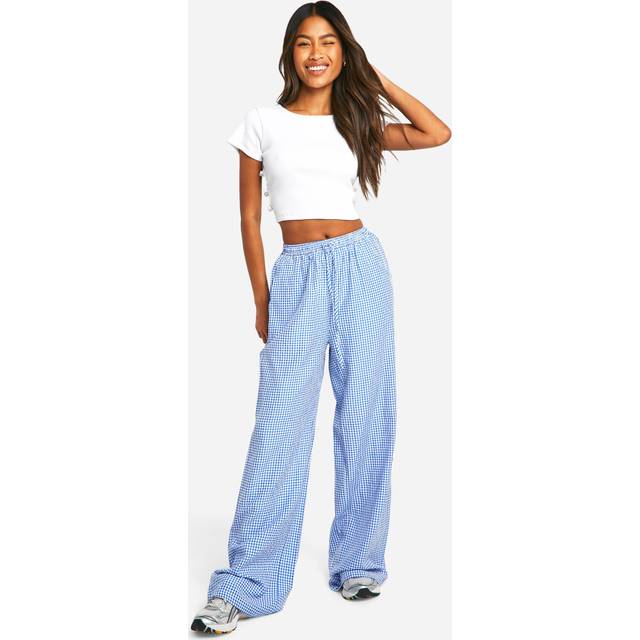 Womens Gingham Wide Leg Drawstring Trouser - Blue - 12, Blue