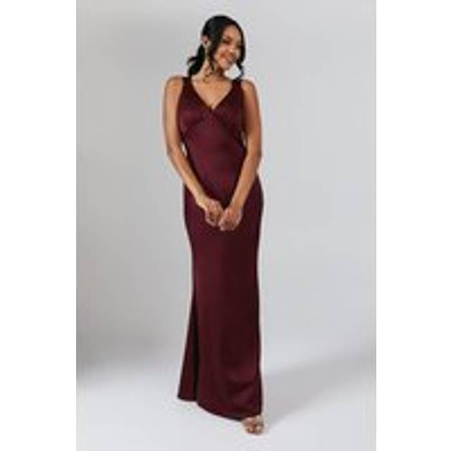V Neck Bow Detail Satin Bridesmaid Dress - Malbec - 16