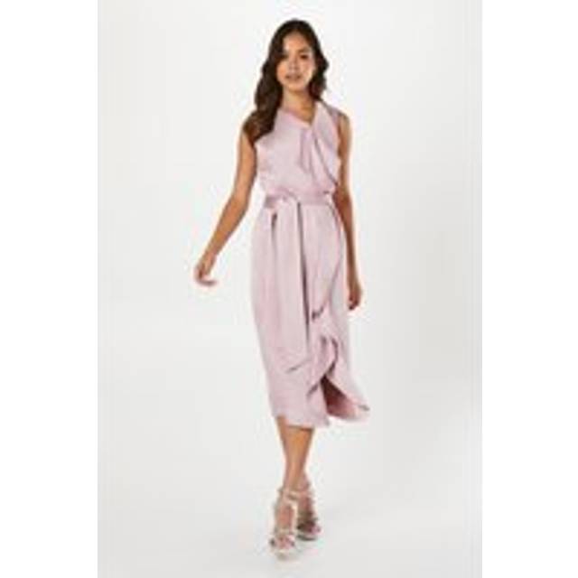 Waterfall Front Belted Satin Midi Dress - Pink - 14
