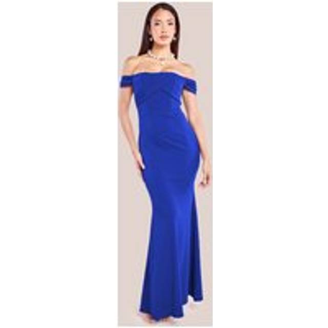 Pleated Bardot Scuba Maxi Dress - Royal Blue by Goddiva - 10